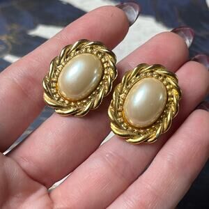Vintage 90s Gold Plate Faux Pearl Twisted Earrings